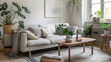 Scandinavian living room interior with a light gray sofa, wooden coffee table, and indoor plants.
