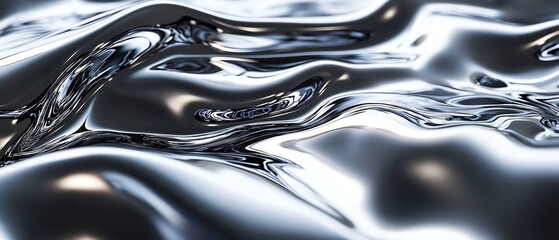 Abstract silver liquid background with ripples and flowing texture.