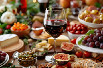 red wine in glass and cheese with many food on long table
