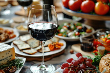 Fototapeta premium red wine in glass and cheese with many food on long table