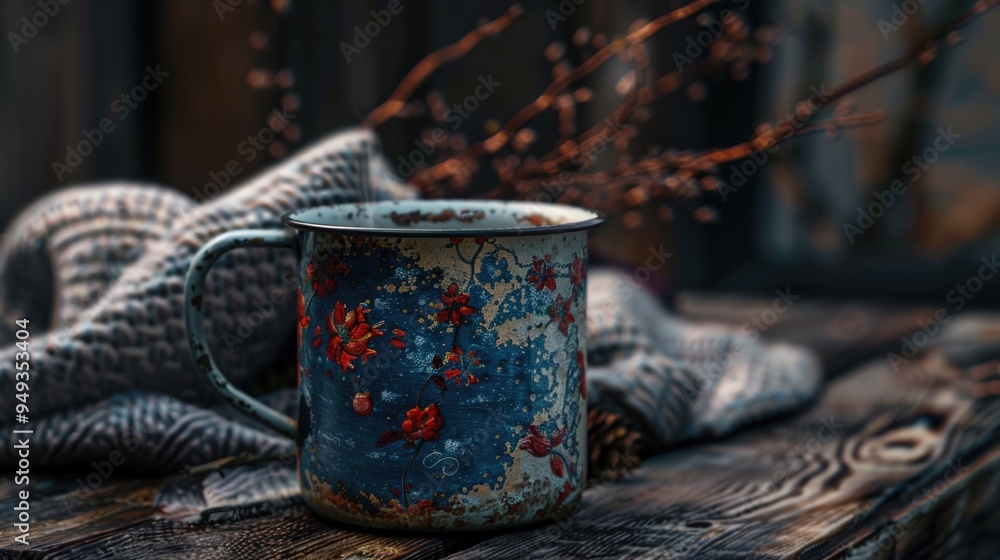 Poster a cup of coffee sits on a wooden table with a rustic atmosphere
