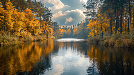 A serene landscape with a wide river flowing gently through a dense forest, with the golden hues of autumn leaves reflecting in the water under a soft, cloudy sky --ar 16:9 --q 2