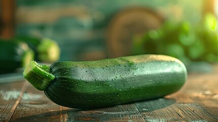 Fresh green zucchini on a wooden surface.