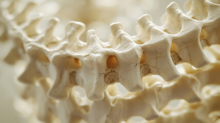 A close-up of the human spine, highlighting the vertebrae and intervertebral discs, with a soft, neutral background to emphasize the detail and structure of the skeletal system --ar 16:9 --q 2
