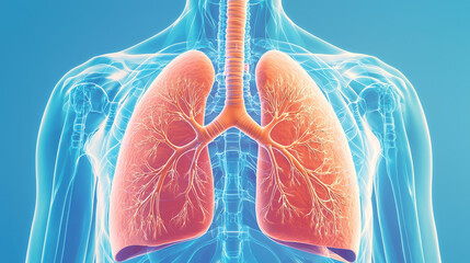 A detailed anatomical illustration of the human respiratory system, showing the lungs, trachea, and diaphragm in vivid detail, set against a soft blue gradient background --ar 16:9 --q 2