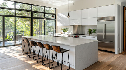 A spacious and bright interior design of a modern kitchen with a large island, stainless steel appliances, white cabinetry, and a few plants adding a touch of greenery --ar 16:9 --q 2