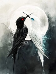 Yin Yang Hummingbirds in Moonlight: Epic Romanticism Art