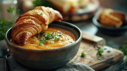 A cozy kitchen scene featuring French toast with creamy dipping sauce and warm soup.