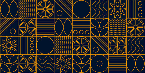 Abstract geometric lines background orange fruits icons. Bauhaus pattern abstract geometric. Template for cover design, food packaging, menu, background, web banner, organic food.