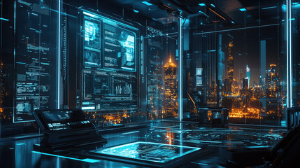 A sleek futuristic tech environment with transparent screens displaying complex data, neon blue lighting accentuating the dark metallic surfaces, and a cityscape visible through large windows at night