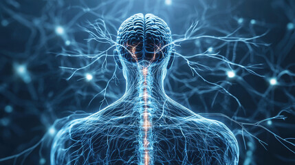 A detailed medical illustration of the human nervous system, showing the intricate web of nerves branching out from the spinal cord to the rest of the body, set on a light blue background