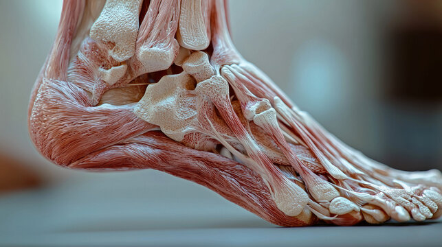 A close-up of a human foot showing the detailed structure of bones, muscles, and tendons, captured in a clinical setting with a neutral background to emphasize anatomical accuracy --ar 16:9 --q 2