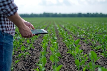 A farmer using a handheld device to scan the soil in a large field. The device displays detailed information, guiding the farmer's next steps, Generative AI