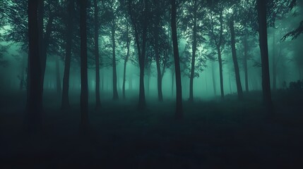 Obraz premium A dark mysterious forest with exaggerated shadows and fog