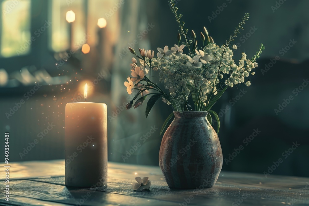Poster a simple yet elegant setup with a vase of flowers and a candle on a table, perfect for decorative pu