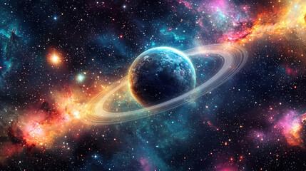 A galaxy background showcasing a distant planet with rings, surrounded by colorful nebulae and clusters of stars, with a deep space backdrop --ar 16:9 --q 2