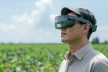 A farmer using augmented reality glasses to monitor crop health. The digital overlays provide real-time data as the farmer walks through the field, Generative AI