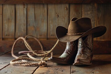 A pair of cowboy boots and a hat sit on a wooden floor, perfect for a western-themed setting or rustic decor