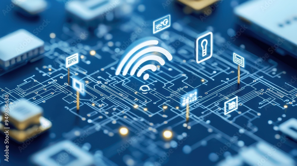 Poster smart home network wifi icon with smart devices on circuit board