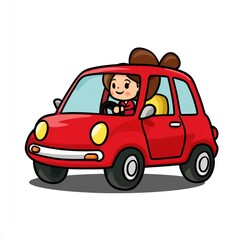 Cute Cartoon Illustration of a Girl Driving a Red Car