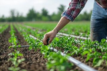 A modern farmer adjusting settings on a smart irrigation system. The field is evenly watered, with each plant receiving the perfect amount of water, Generative AI