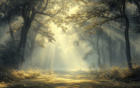 Mysterious foggy forest with tall trees, serene and ethereal.