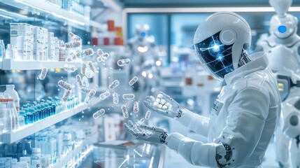 Futuristic Robot Pharmacist Dispensing Pills in a Modern Pharmacy