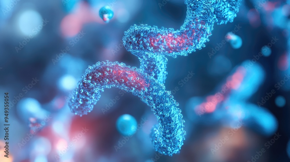 Poster abstract chromosome strands with molecular models and chemical formulas, representing the fusion of 