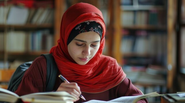 A woman wearing a red hijab sits and writes in a book, possibly working on a creative project or journaling - Powered by Adobe