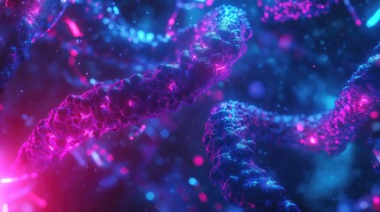 Abstract chromosome structure with neon molecular models, set in a high-tech space, emphasizing the complexities of genetic research.