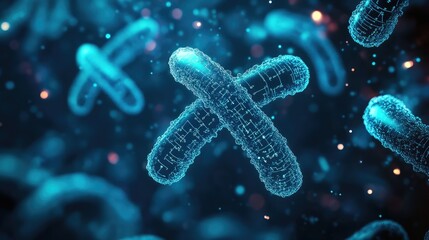 Abstract depiction of chromosomes with chemical formulas, set against a dark, high-tech background, symbolizing genetic research.