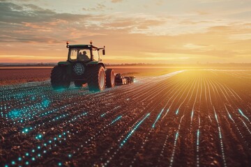 A modern farmer driving an autonomous tractor across a vast field at sunrise. The landscape is...