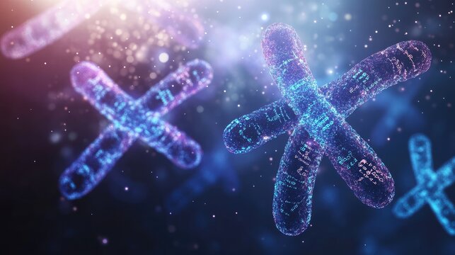 Abstract depiction of chromosomes with chemical formulas, set against a dark, high-tech background, symbolizing genetic research.