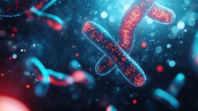 Abstract depiction of chromosomes with glowing chemical formulas, set against a sleek, digital background, emphasizing genetic research.
