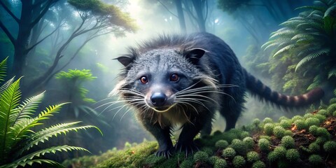 Naklejka premium The camera lingers on the binturong's cunning gaze as it descends from the trees, surrounded by misty shadows and towering trunks in a moonlit forest glade.