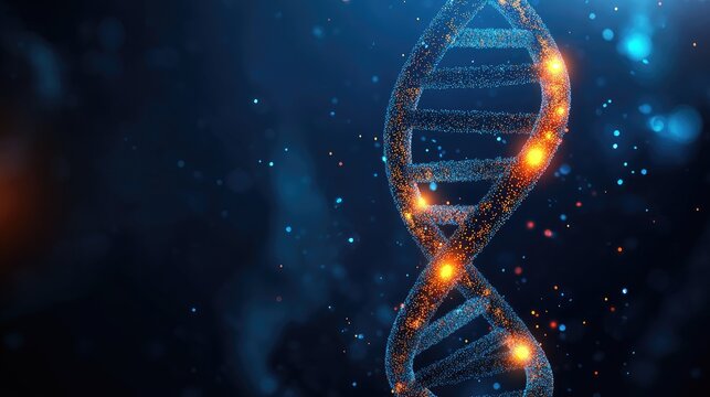 Abstract DNA molecule with a glowing double helix structure against a dark blue background, representing genetic research and medical science.