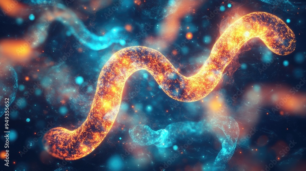 Poster abstract representation of chromosomes in a digital space, with glowing molecular models symbolizing