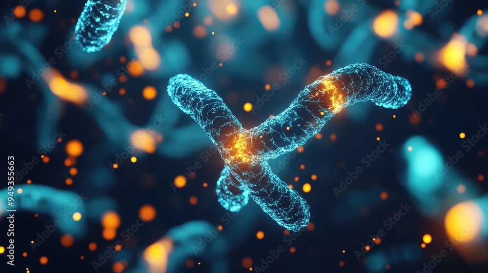 Poster abstract representation of chromosomes in a digital space, with glowing molecular models symbolizing