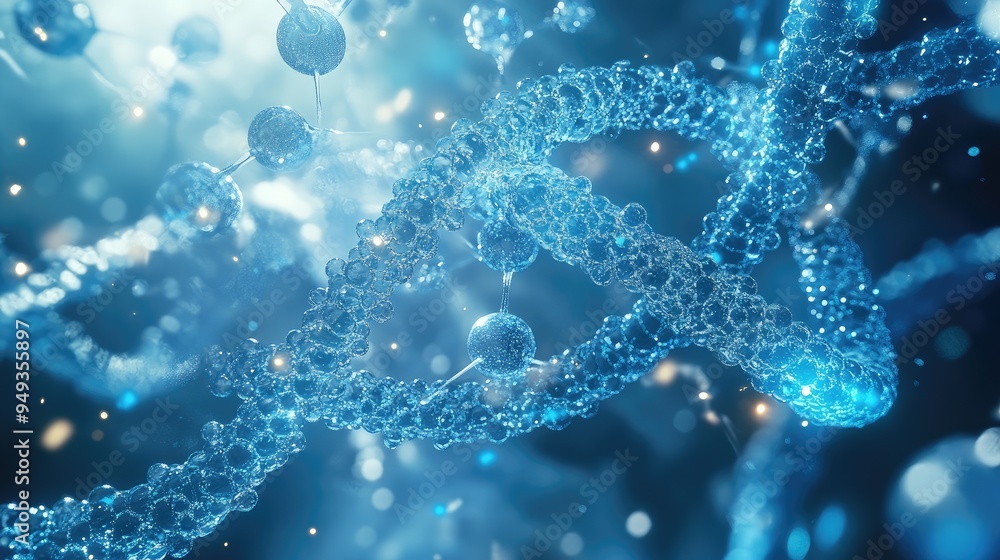 Poster chromosome strands intertwined with molecular structures, floating in a high-tech environment, symbo