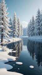 A serene winter landscape with snow-covered trees and a frozen lake, winter wonderland, peaceful, snowy, cold, tranquil, isolated, white, scenic, nature, cartoon style 