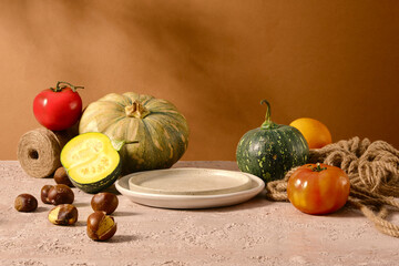 Autumn harvest theme photo for culinary products, blank white dish surrounded in center by some...