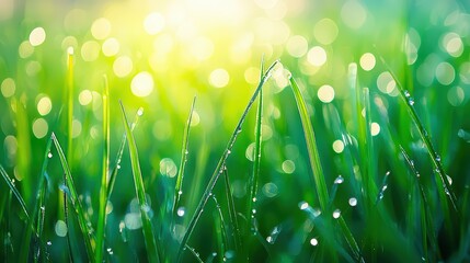 Fototapeta premium Green Meadow with Dew Wallpaper. A fresh green meadow in the early morning.