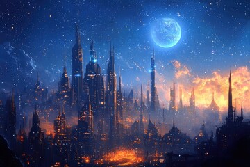 Fototapeta premium Fantasy landscape with castle towers and full moon in starry night sky