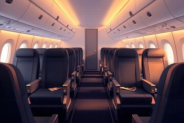 Fototapeta premium Expansive airplane cabin, sleek design with ample legroom, luxurious interior, illustration