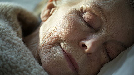 photo of a close-up of a senior woman sleeping with deep wrinkles and peaceful expression
