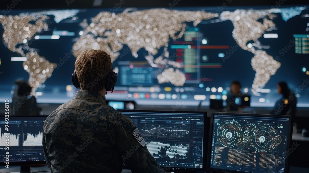 Poster military operator monitoring global data on multiple screens