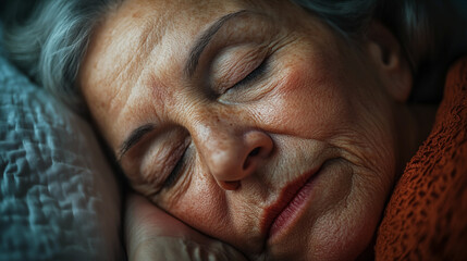 photo of a close-up of a senior woman sleeping with deep wrinkles and natural expression
