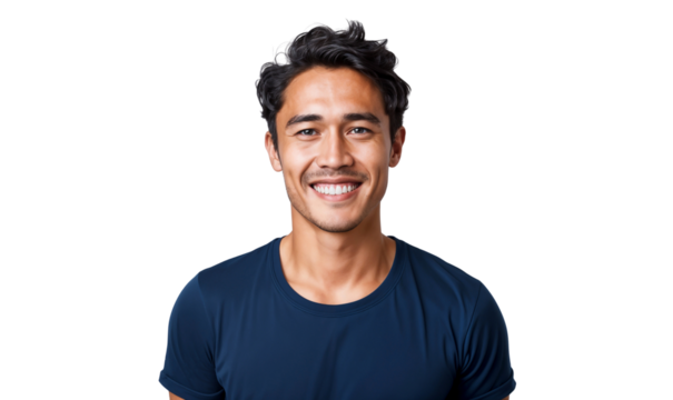 Portrait of a smiling guy wearing a blue T-shirt in a casual pose, studio photo, isolated on transparent background