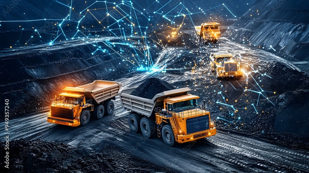 Poster photograph showcasing iot enabled machinery autonomously loading ore into trucks in a highly efficie