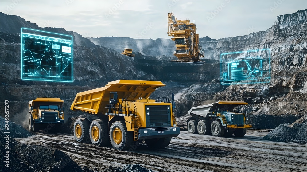 Poster photograph showcasing an iot enabled highly efficient mining where autonomous machinery loads extrac